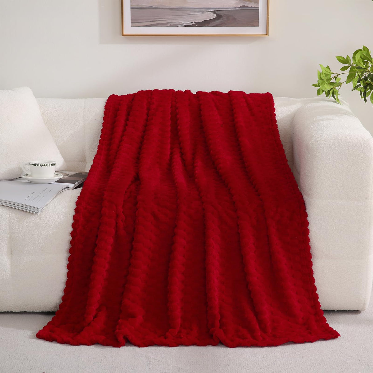 Red Throw Blanket 50"×60" inches Gifts for Mom Fuzzy 3D Jacquard Decorative Flannel Fleece Super Soft Plush Cozy Blanket for Couch Sofa Chair Lightweight Puncuntex