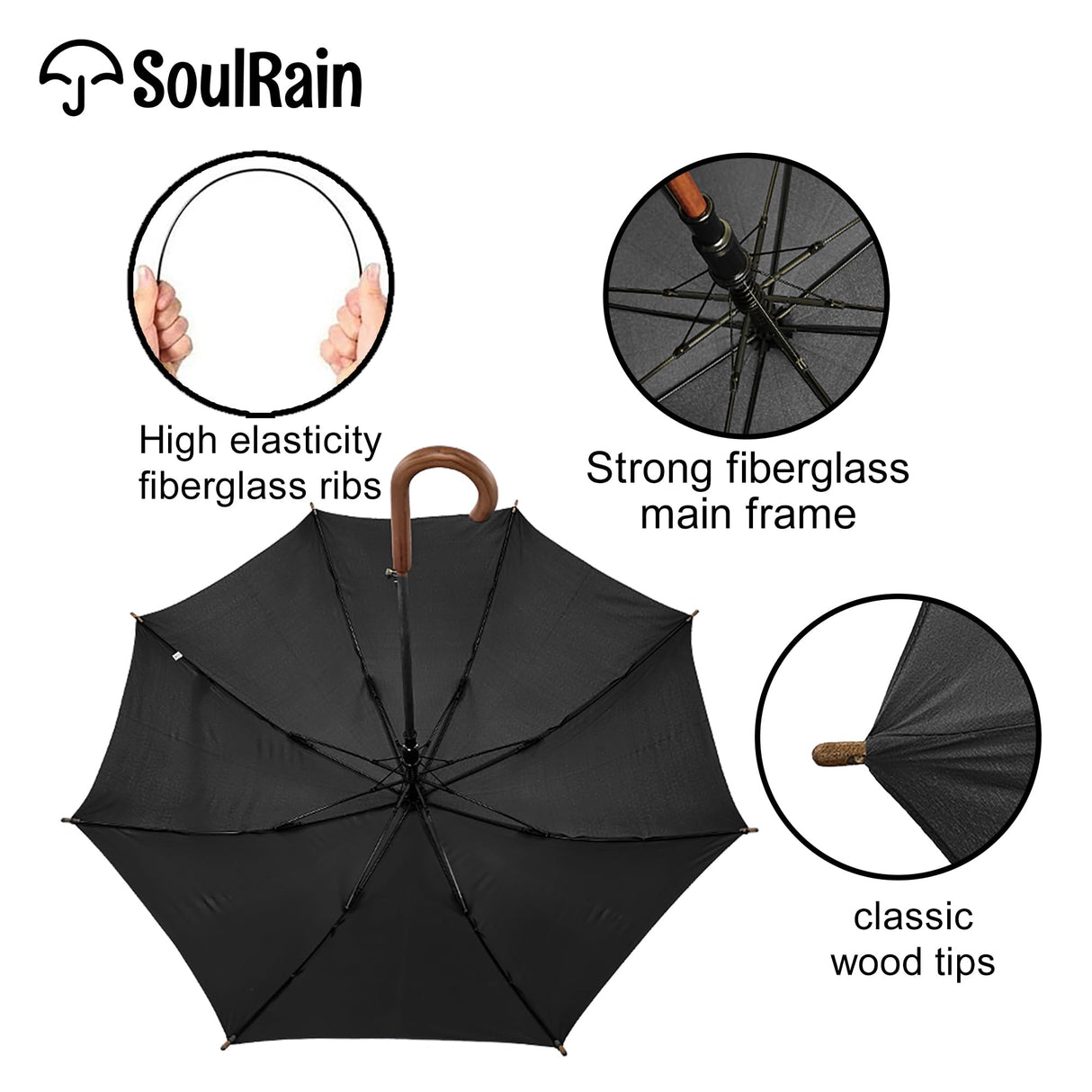 SoulRain 48" Arc Classic Wood Handle Umbrella Auto Open Windproof clear Unbreakable Stick Rain Umbrella (Black) SoulRain