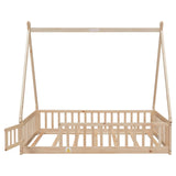 MERITLINE Natural Full Size Montessori Floor Bed with Teepee Design and Fence Rails for Kids MERITLINE