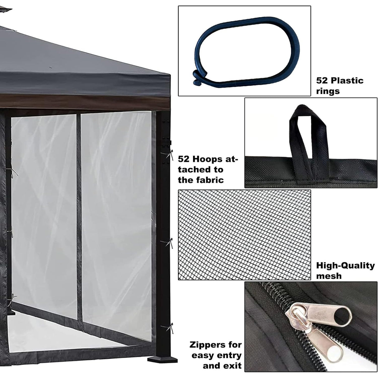 DOOSARG Mosquito Netting for Gazebo Canopy, 12x12 Universal Replacement Mosquito Netting 4-Door Zipper Black 4-Panel Sidewall Curtain (Net Only) (12x12) DOOSARG
