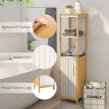 LOKO Bamboo Bathroom Storage Cabinet, Freestanding Floor Cabinet with Door, Adjustable Shelf & Open Shelves, Slim Narrow Linen Tower Cabinet for Living Room, Laundry Room, Kitchen, (White+Natural) LOKO
