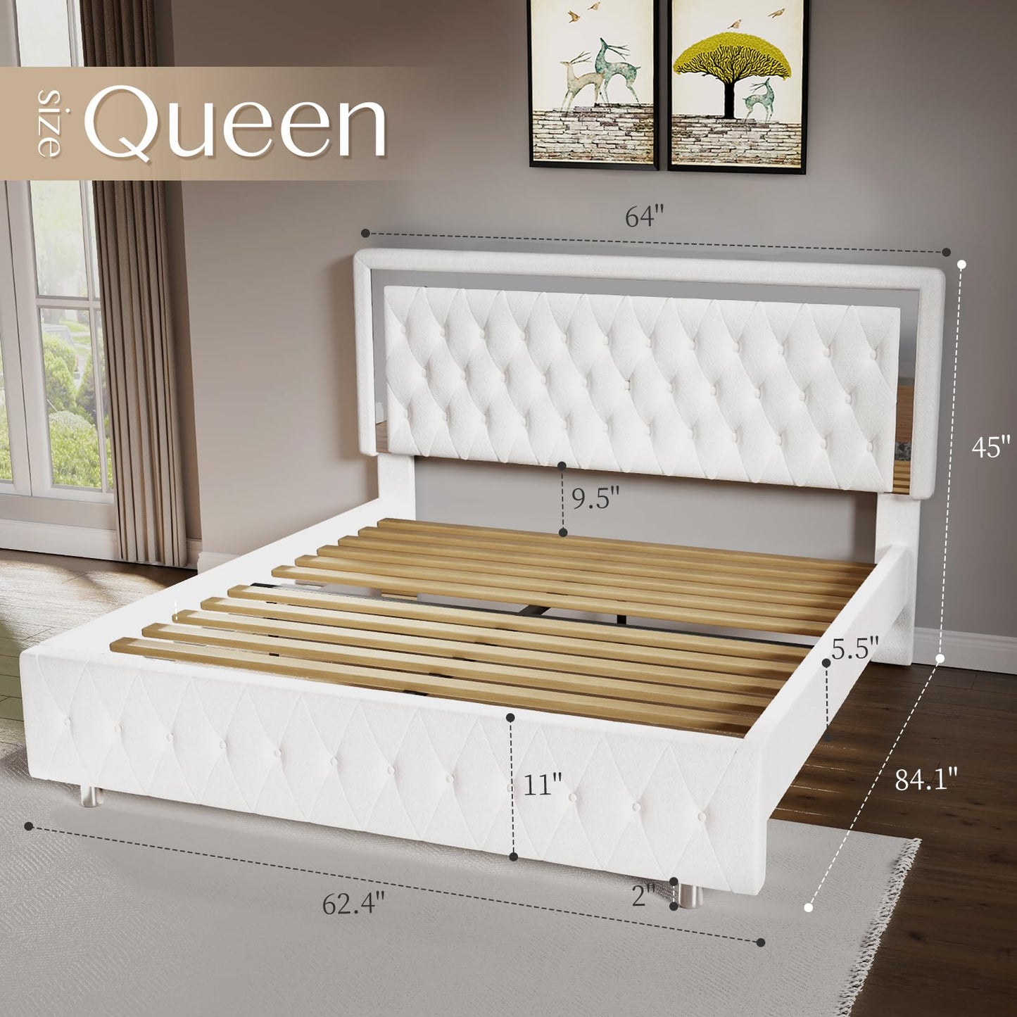 Jocisland Velvet Upholstered Queen Bed Frame with Adjustable LED Headboard & Footboard in White - WoodArtSupply