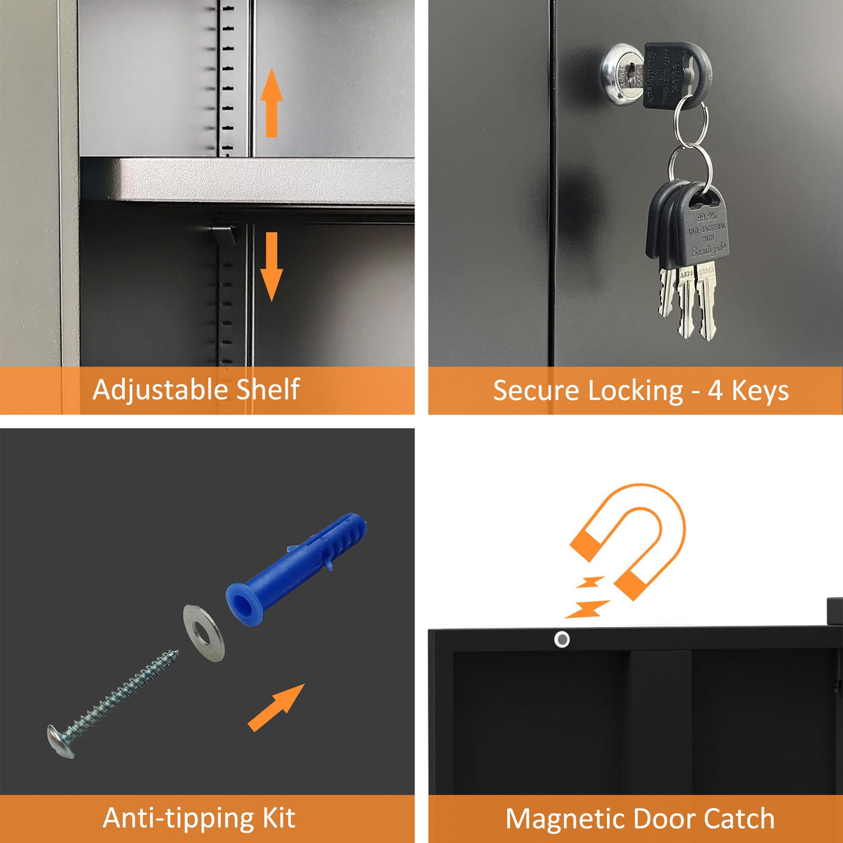 JINKUR Metal Storage Cabinet with Locking Doors and 3 Adjustable Shelves, Lockable Storage Cabinets for Home Office Garage Kitchen Pantry (Black) JINKUR