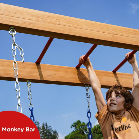 Dolphin Playground Wood Swing Sets for Backyard with Monkey Bar, Kids Outdoor Play Equipment, Outdoor Playset for Kids with Trapeze Swing Bar and 2 Belt Swings, Heavy Duty Playground Accessories DOLPHIN PLAYGROUND T