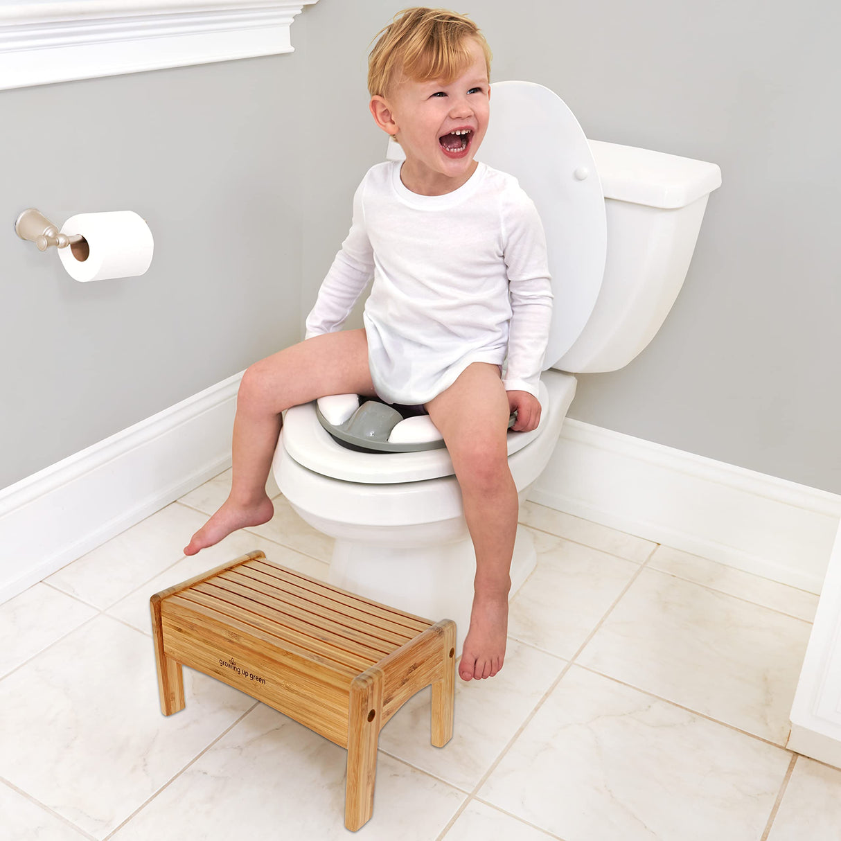 Growing Up Green Bamboo Bathroom Step Stool for Kids Using The Toilet and Sink - Kids Step Stool, Potty Training, Non-Slip, Bathroom, Kitchen, Lightweight Ginsey
