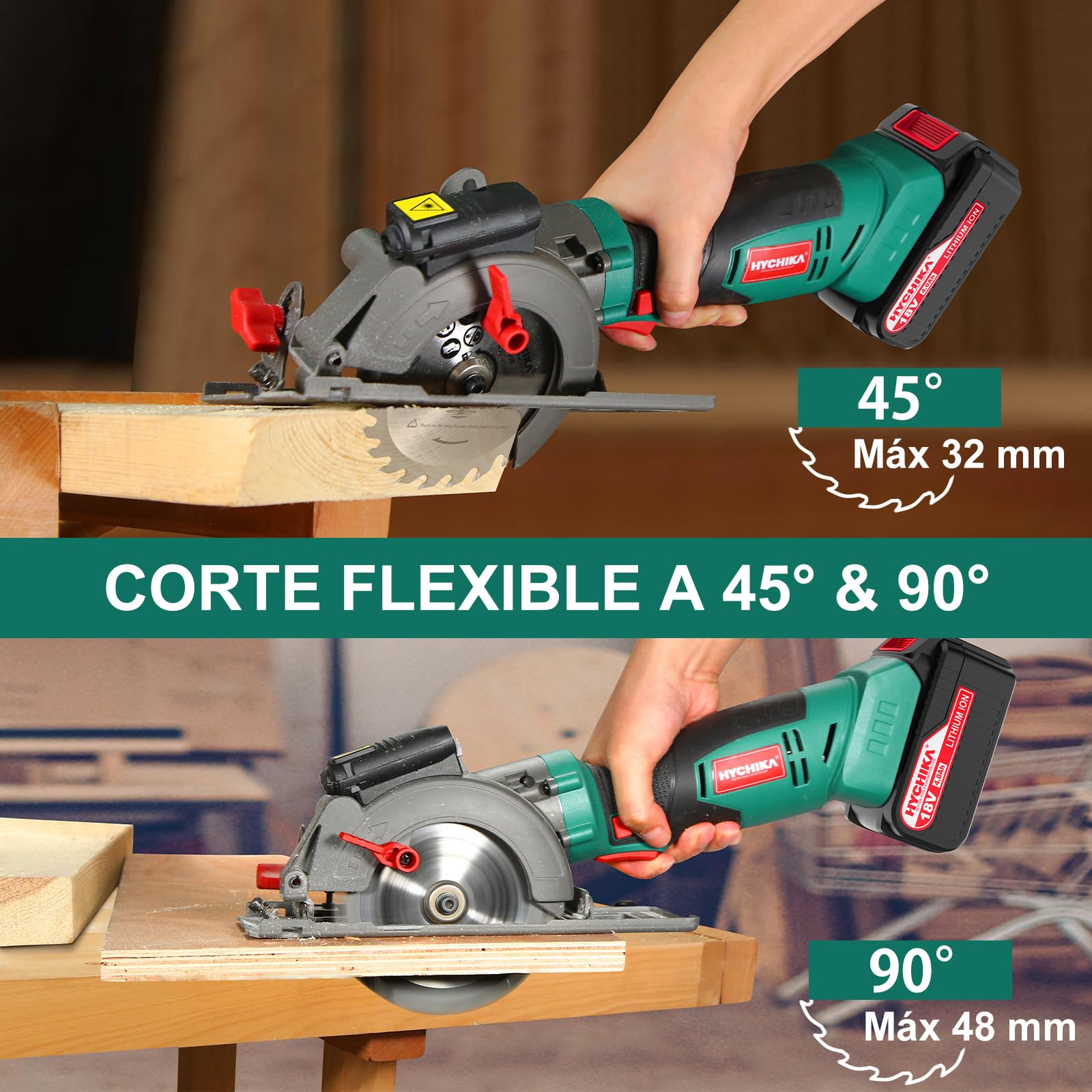 HYCHIKA Cordless Circular Saw, 18V Mini Circular Saw with 4.0Ah Battery, 3 Blades(4-1/2",4-9/10"), 3500RPM Max Cuting Depth:90°(48mm)/45°(32mm), Compact Circular Saw for Wood, Plastic and Sof - WoodArtSupply