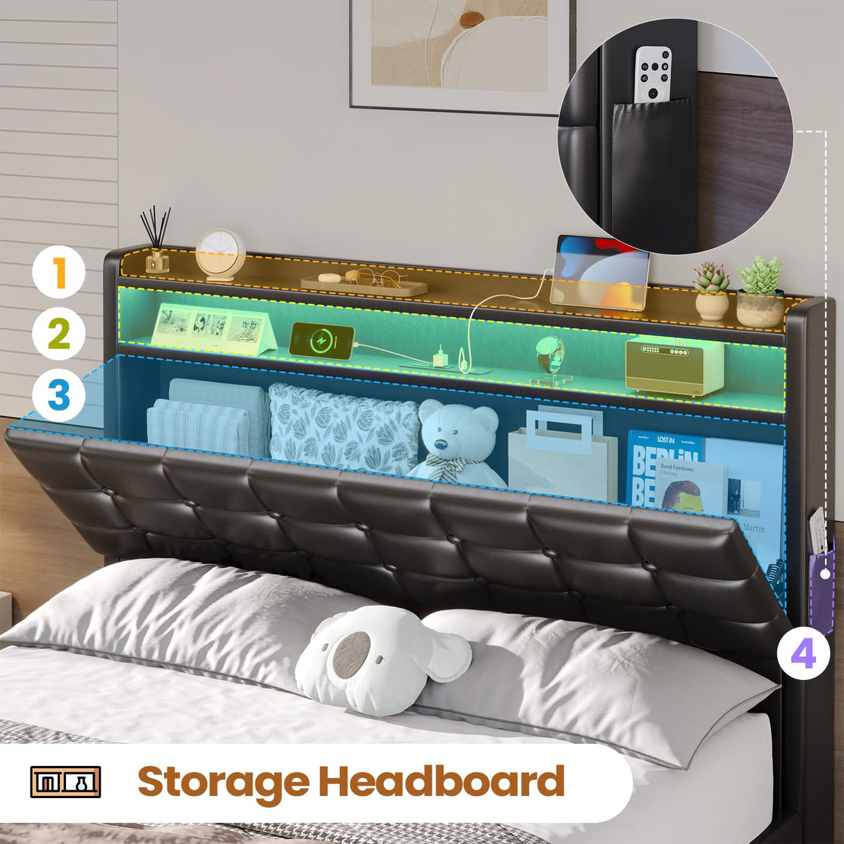 BTHFST Bed Frame Twin Size with Lift Up Storage, Power Outlet & RGB Lights, Upholastered Storage Headboard, Twin Boys Bed with Heavy Duty Steel Slats, No Box Spring Needed, PU Black BTHFST