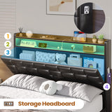 BTHFST Bed Frame Twin Size with Lift Up Storage, Power Outlet & RGB Lights, Upholastered Storage Headboard, Twin Boys Bed with Heavy Duty Steel Slats, No Box Spring Needed, PU Black BTHFST