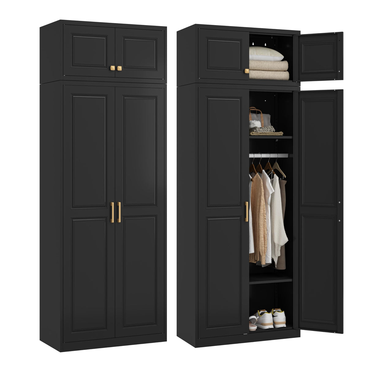 TIMELESS PIECES 86" Metal Wardrobe Cabinets,Black Armoire Wardrobe Closet with Hanging Rod,Clothes Storage Cabinet with Adjustable Shelves and Doors,Clothing Cabinet for Bedroom,Laundry Room TIMELESS PIECES