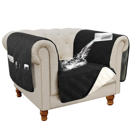 H.VERSAILTEX 100% Waterproof Armchair Slipcovers Modern Arm Chair Covers with Extra Long Armrest Cover Traditional Chesterfield Chair Covers Thick Sofa Protector for Cats (Chair, Black/Beige) H.VERSAILTEX