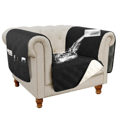 H.VERSAILTEX 100% Waterproof Armchair Slipcovers Modern Arm Chair Covers with Extra Long Armrest Cover Traditional Chesterfield Chair Covers Thick Sofa Protector for Cats (Chair, Black/Beige)