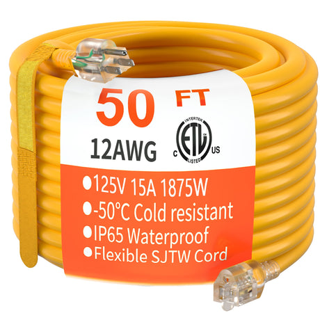 HUANCHAIN 50 ft 12/3 Gauge Heavy Duty Outdoor Extension Cord Waterproof with Lighted, Flexible Cold Weather 3 Prong Electric Cord Outside, 15A 1875W 125V 12AWG SJTW, Yellow, ETL Listed huanchain