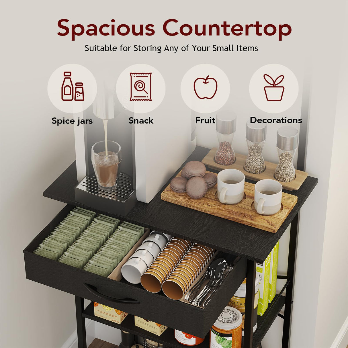 Homsorout Coffee Bar Station - Bakers Rack with Fabric Drawer, Microwave Oven Storage Stand, Bakers Rack for Coffee Stand Station, Home Kitchen Organizer, Black Homsorout