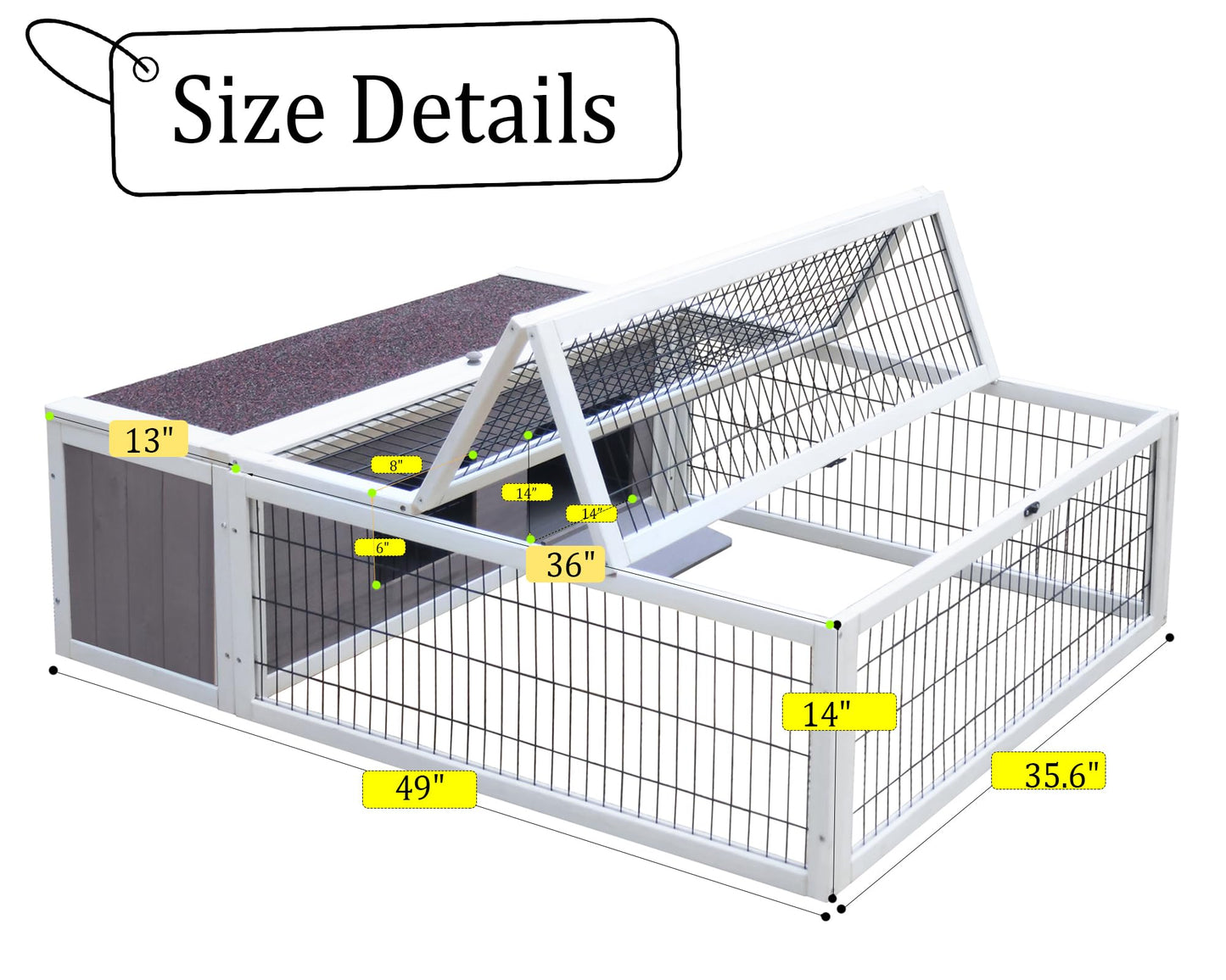 Tortoise House Habitat Wooden with Waterproof Cover, Chicken Coop with Run Rabbit Hutch Small Animal Hutch Enclosure Indoor/Outdoor-Grey + White Trim