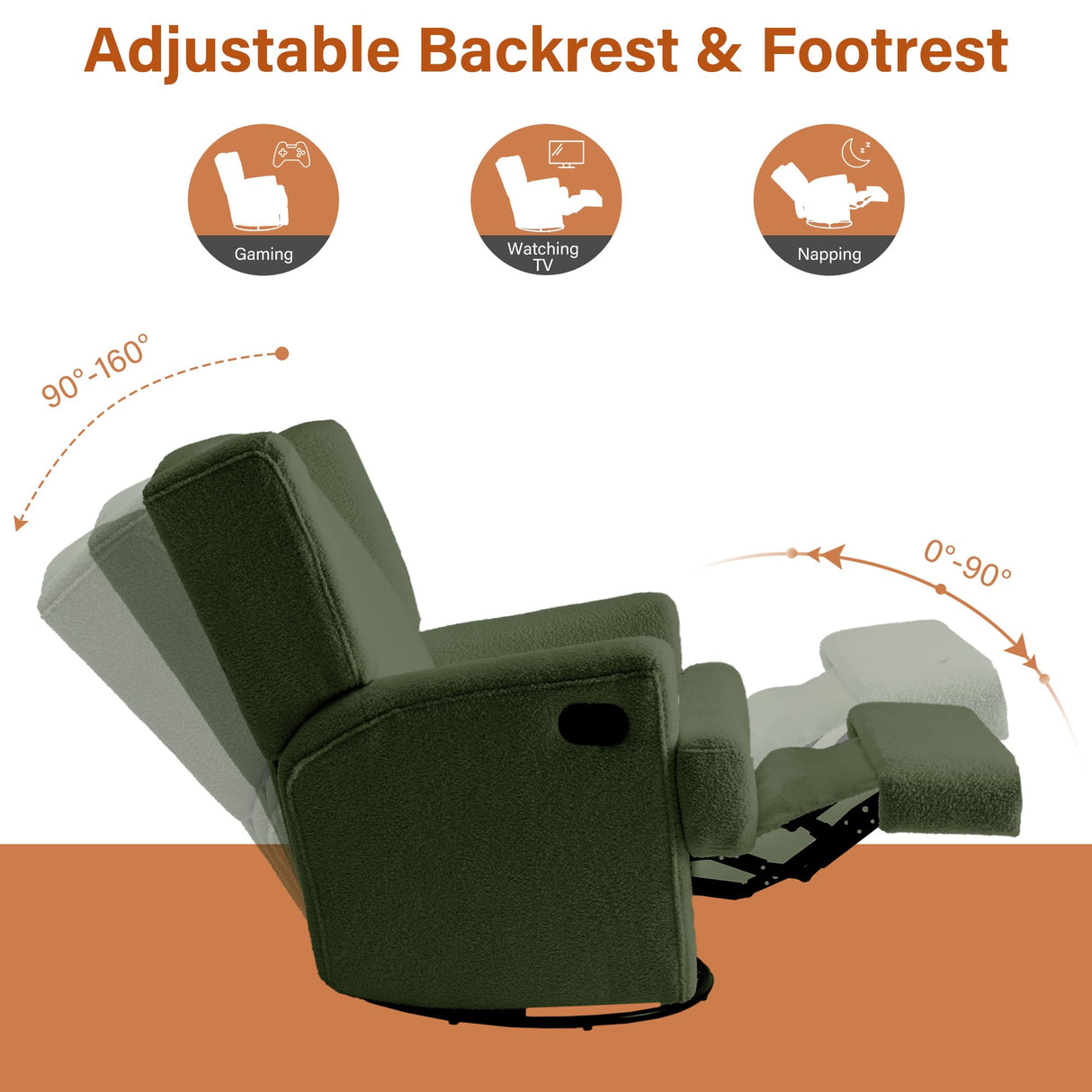 UIXE Swivel Glider Recliner Chair for Adults, Boucle High Back Accent Chair Nursery Rocker for Living Room, Upholstered Manual Reclining Sofa Seating with Deep Seat - Green UIXE