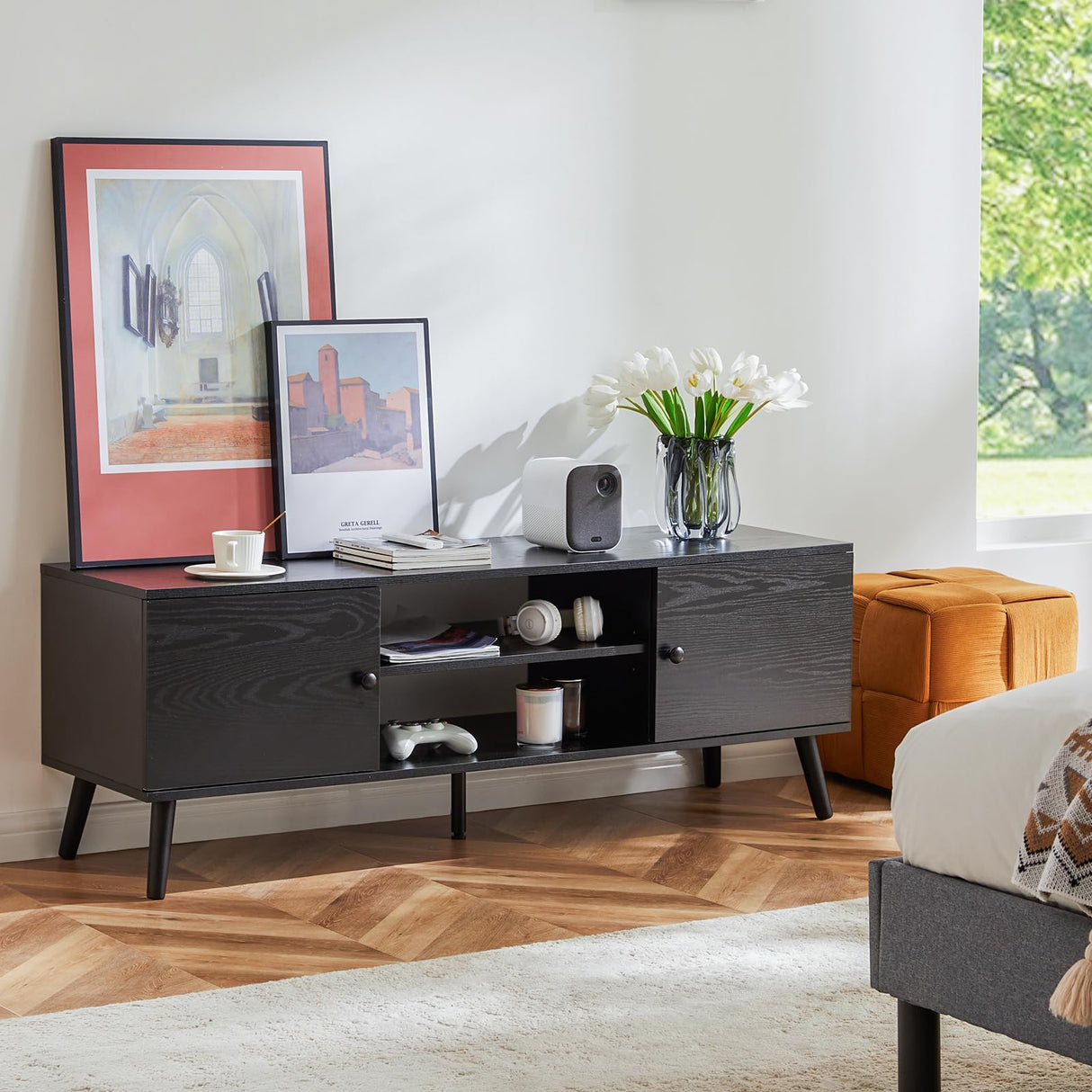 Sweetcrispy TV Stand for 55 60 inch TV, Modern Mid Century Entertainment Center with Storage, Media Console Table 2 Cabinet, Soft Hinge, Handle Door, Wooden Living Room, Office Furniture, Black Sweetcrispy