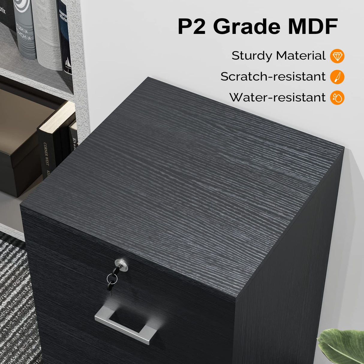 VINGLI 2-Drawer Small Rolling File Cabinet with Lock, Wood Filing Cabinet for Hanging Letter Size Filings with Tabs, Mobile Under Desk File Cabinet for Home Office, Classic Black, 27.2" H VINGLI