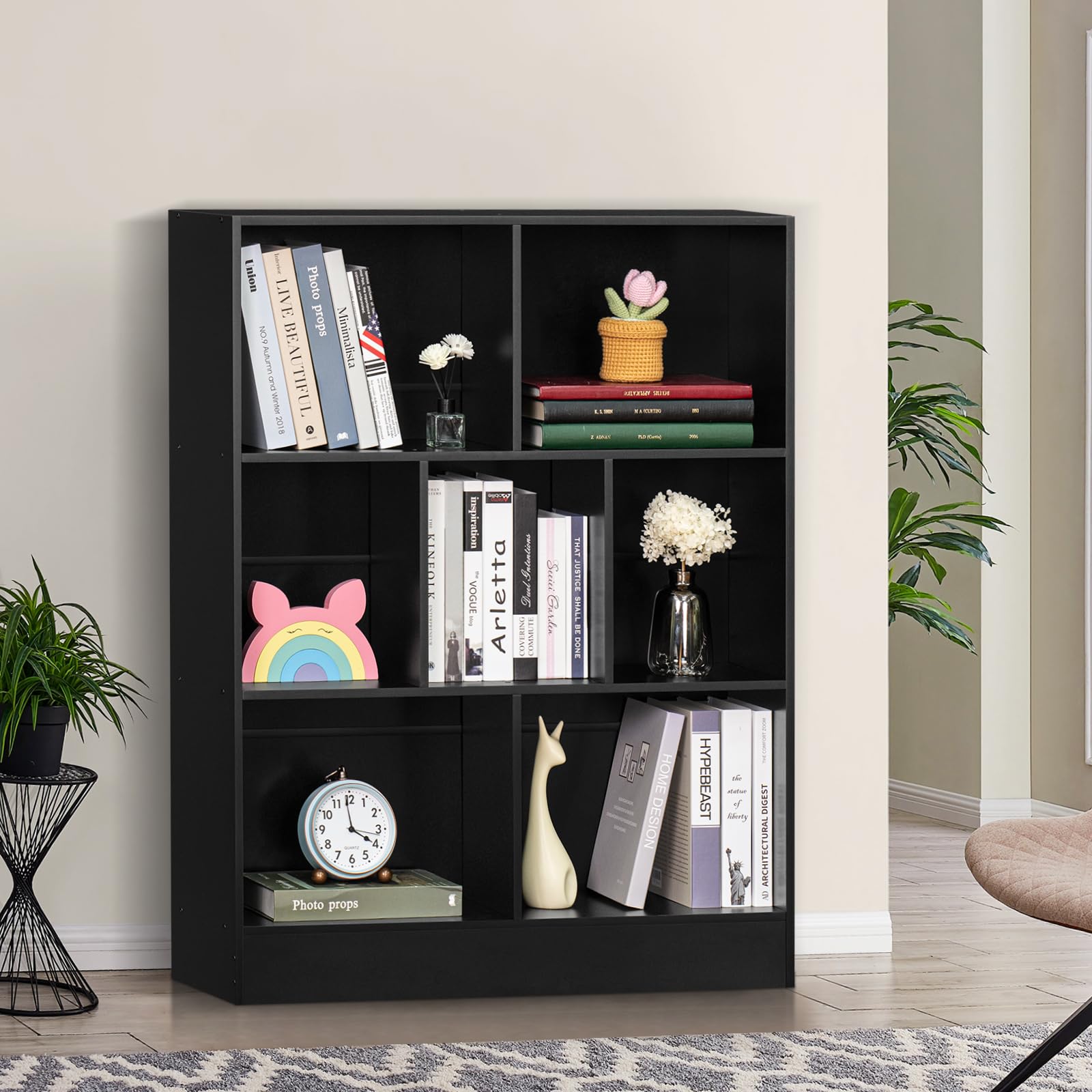 YAHARBO 7 Cube Black Wooden Bookshelf - 3 Tier Modern Organiser for Home and Office - WoodArtSupply