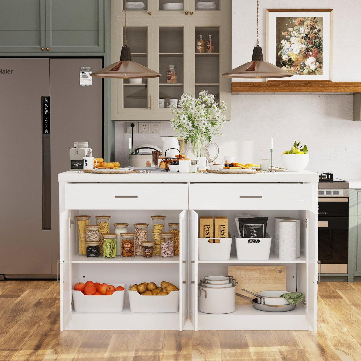 TAMUNE Kitchen Storage Island with USB Port & 2 Drawers, Stationary Kitchen Island Table with Light Grey Countertop, Bar Table with 4 Shelves White 29.1”D x 61”W x 37.4”H TAMUNE