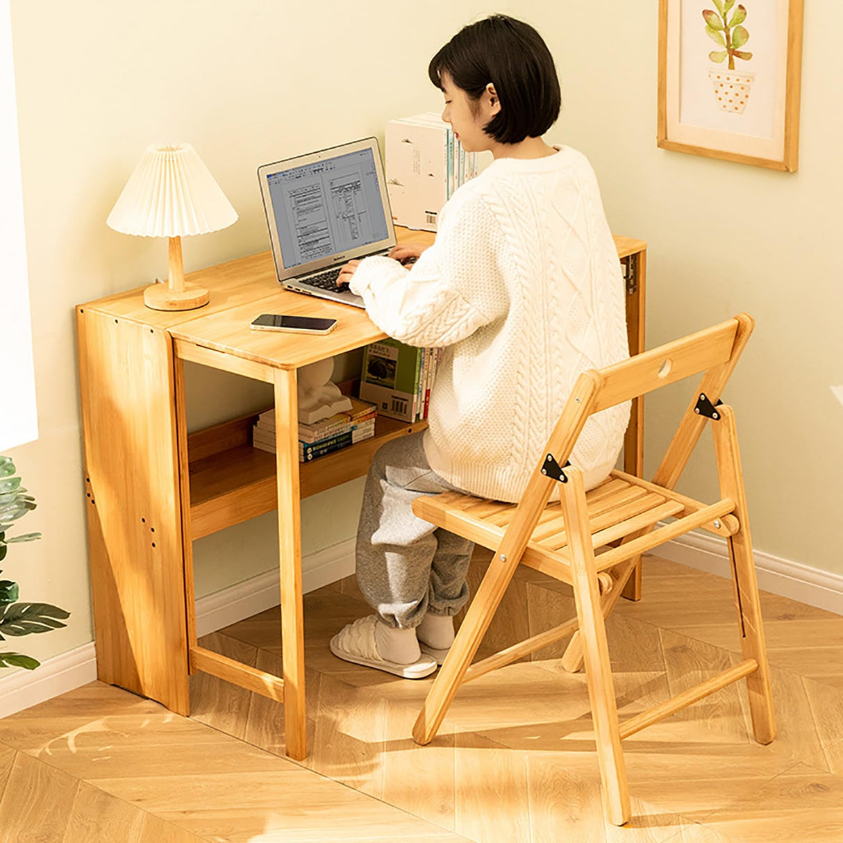 SUZEPER Solid Wood Folding Desk,Mid Century Modern Desk,Foldable Writing Computer Desk for Home Office,Study Desk with Storage Shelf for Small Spaces(103cm/40.5", Natural) SUZEPER