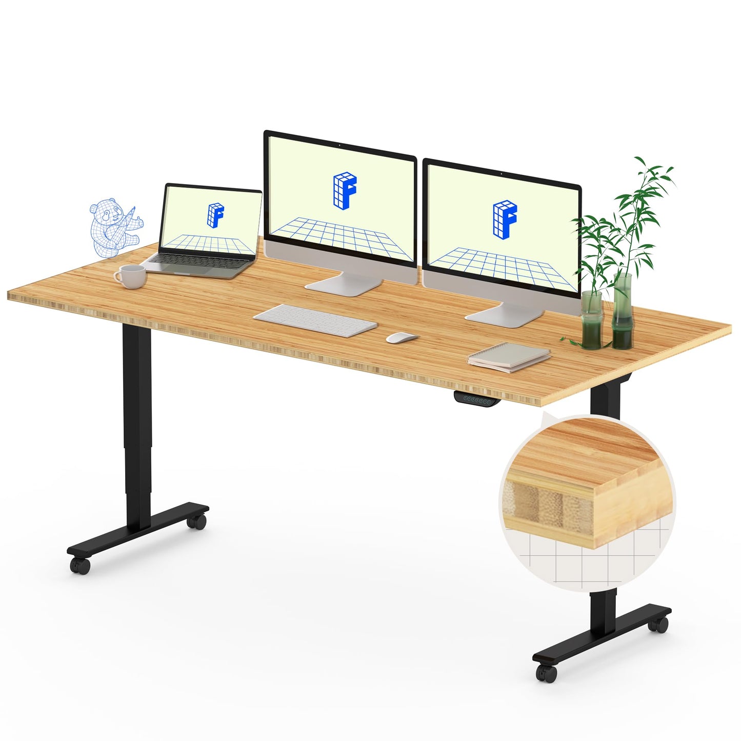 FLEXISPOT E6 Bamboo Dual Motor 3 Stages Standing Desk 60x30 Inch Whole-Piece Board Height Adjustable Desk Electric Stand Up Desk Sit Stand Desk(Black