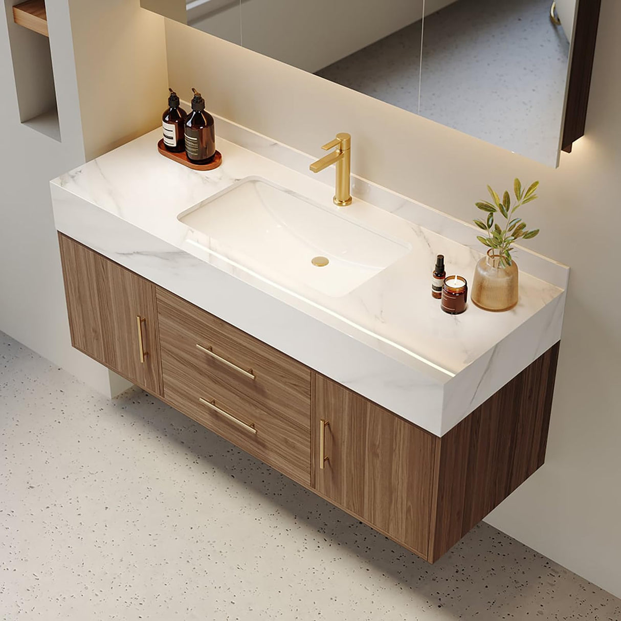 Weibath Modern 39" White Floating Bathroom Vanity Set Stone Top Wall Mounted Bathroom Cabinet (Walnut&White) Weibath