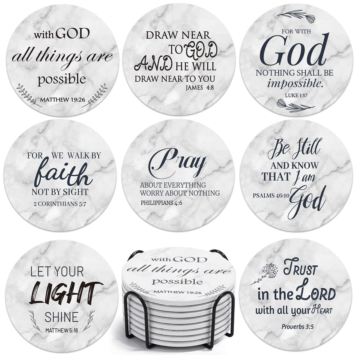 Billbotk Ceramic Coasters with Bible Verses, Coasters Set of 8 with Holder, Absorbent Drink Coasters for Home Decor and Christian Gifts, 4 Inches Billbotk