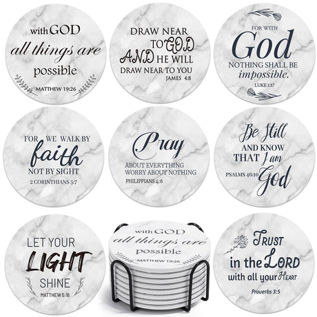 Billbotk Ceramic Coasters with Bible Verses, Coasters Set of 8 with Holder, Absorbent Drink Coasters for Home Decor and Christian Gifts, 4 Inches Billbotk