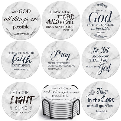 Billbotk Ceramic Coasters with Bible Verses, Coasters Set of 8 with Holder, Absorbent Drink Coasters for Home Decor and Christian Gifts, 4 Inches