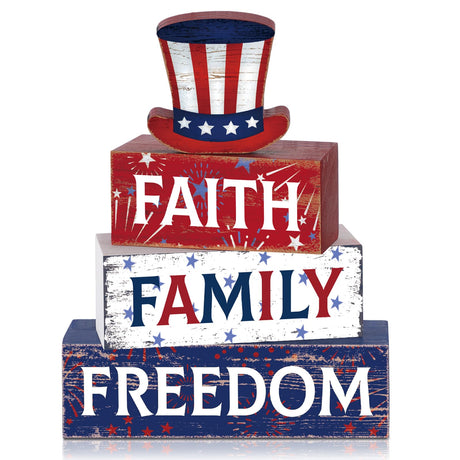 Huquary 4 Pcs Farmhouse 4th of July Patriotic Table Sign Independence Day Table Wood Decorations Patriotic Themed Rustic Farmhouse Wood Block Sign for Party Home Desk (Hat) Huquary