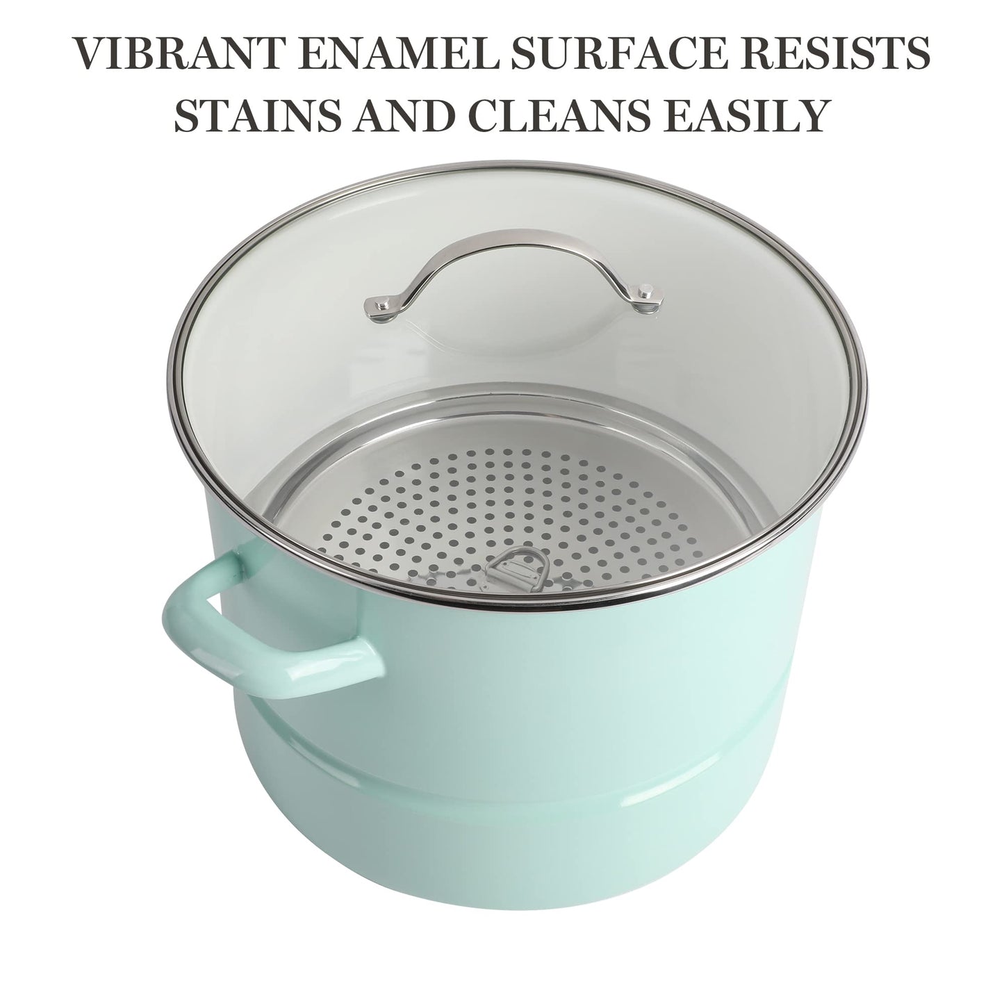 Martha Stewart Thayer 16-Quart Enamel On Steel Scratch Resistant Steamer Stock Pot w/Stainless Steel Insert - Martha Blue