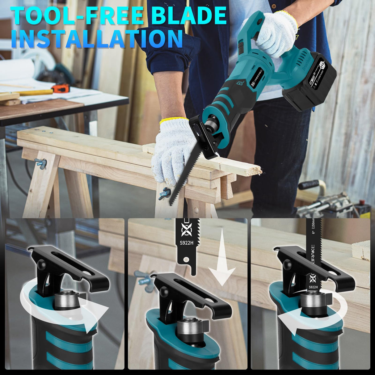 Cordless Reciprocating Saw with Rotated Handle, 2 x 6.0Ah Battery Brushless Power Reciprocating Saw with 12Pcs Blades, 28MM Reciprocating Stroke, Multiple Angles Cutting for Wood/Metal/PVC Canbrake