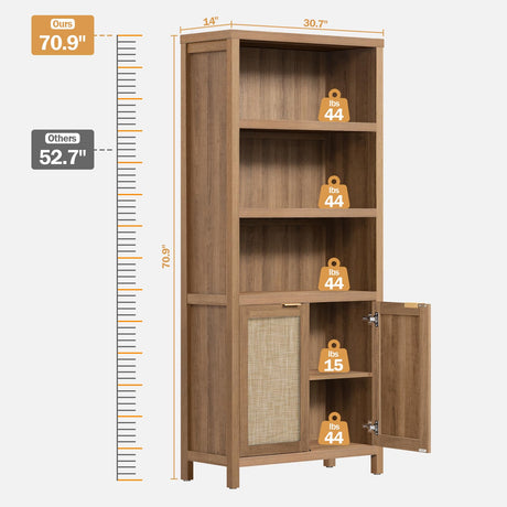 SICOTAS 5-Tier Boho Rattan Bookcase with Doors - Farmhouse Large Bookshelf in Reclaimed Caramel Oak SICOTAS