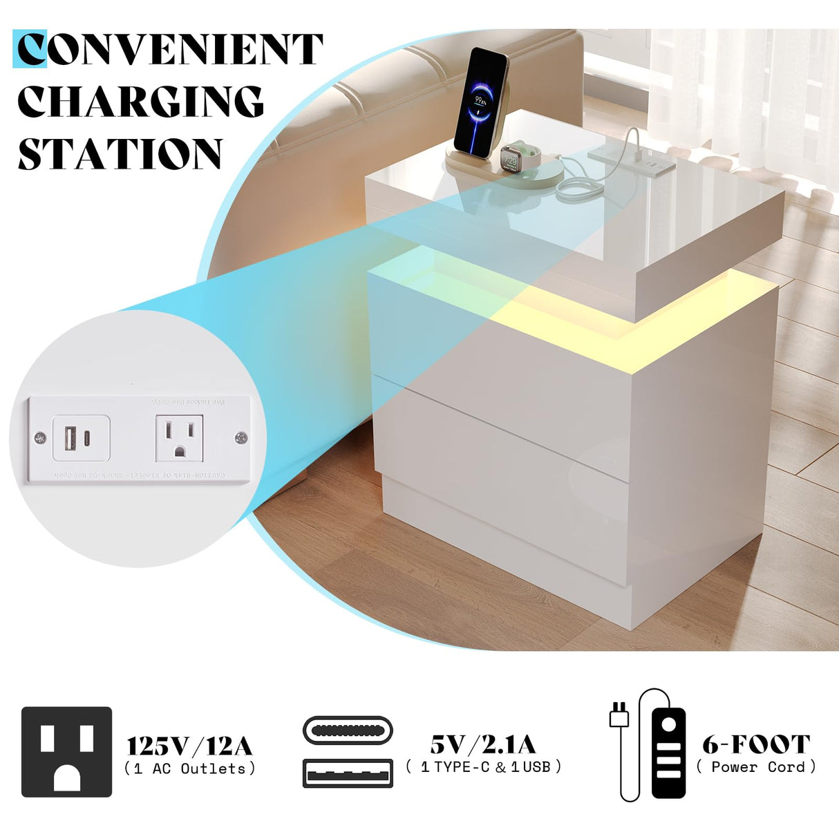 AMERLIFE 5 Piece Modern Living Room Table Set, Includes 80" Fireplace TV Stand, 2-Tier Coffee Table, 2 X Side Tables with Charging Station, LED Media Furniture, White AMERLIFE