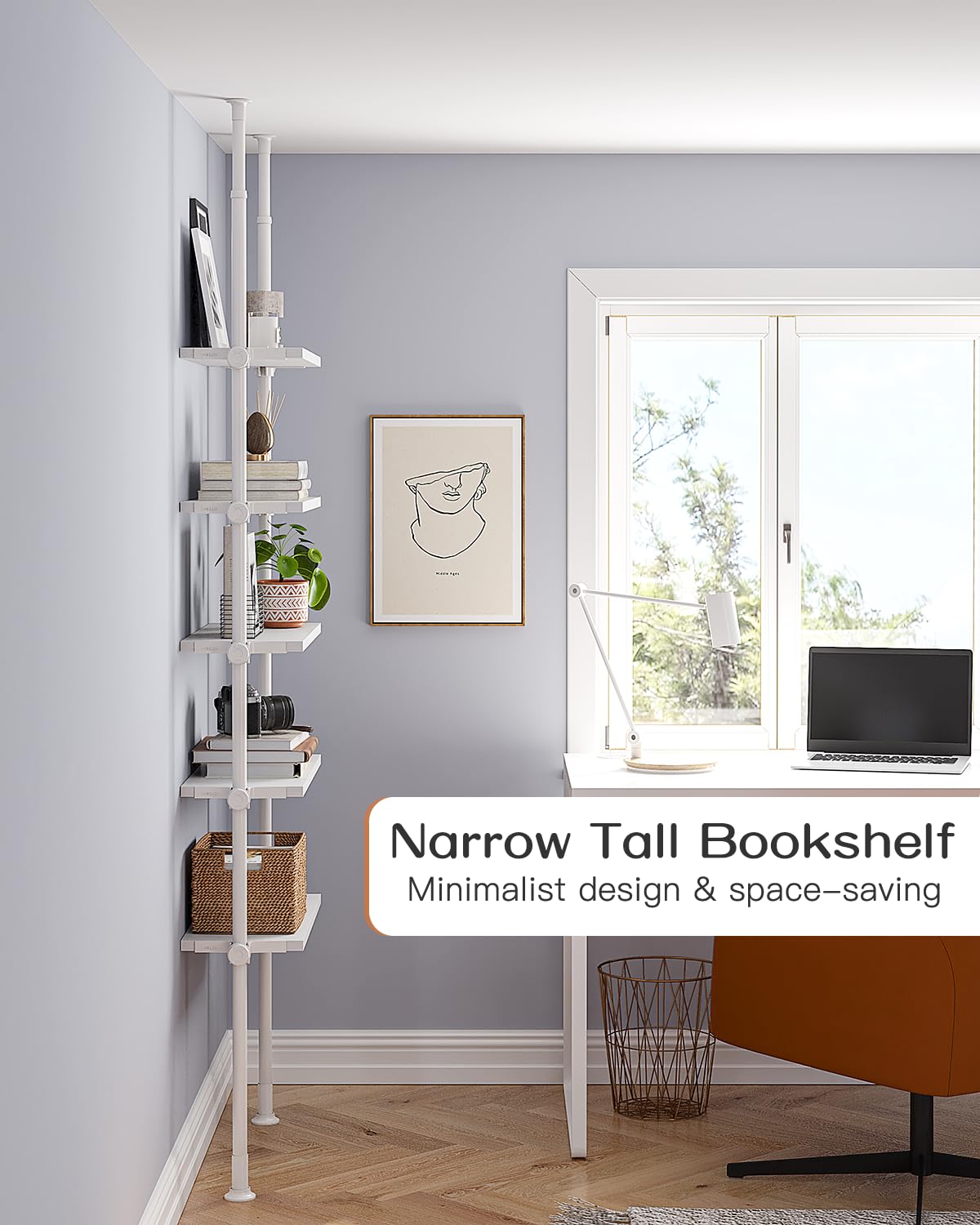 ALLZONE 5 Tiers Narrow Bookshelf, Tall Adjustable Ladder Book Shelf with Open Storage, Floor to Ceiling Tension Mount, Wooden Industrial Bookcase for Living Room, 92 to 116 Inch, White ALLZONE