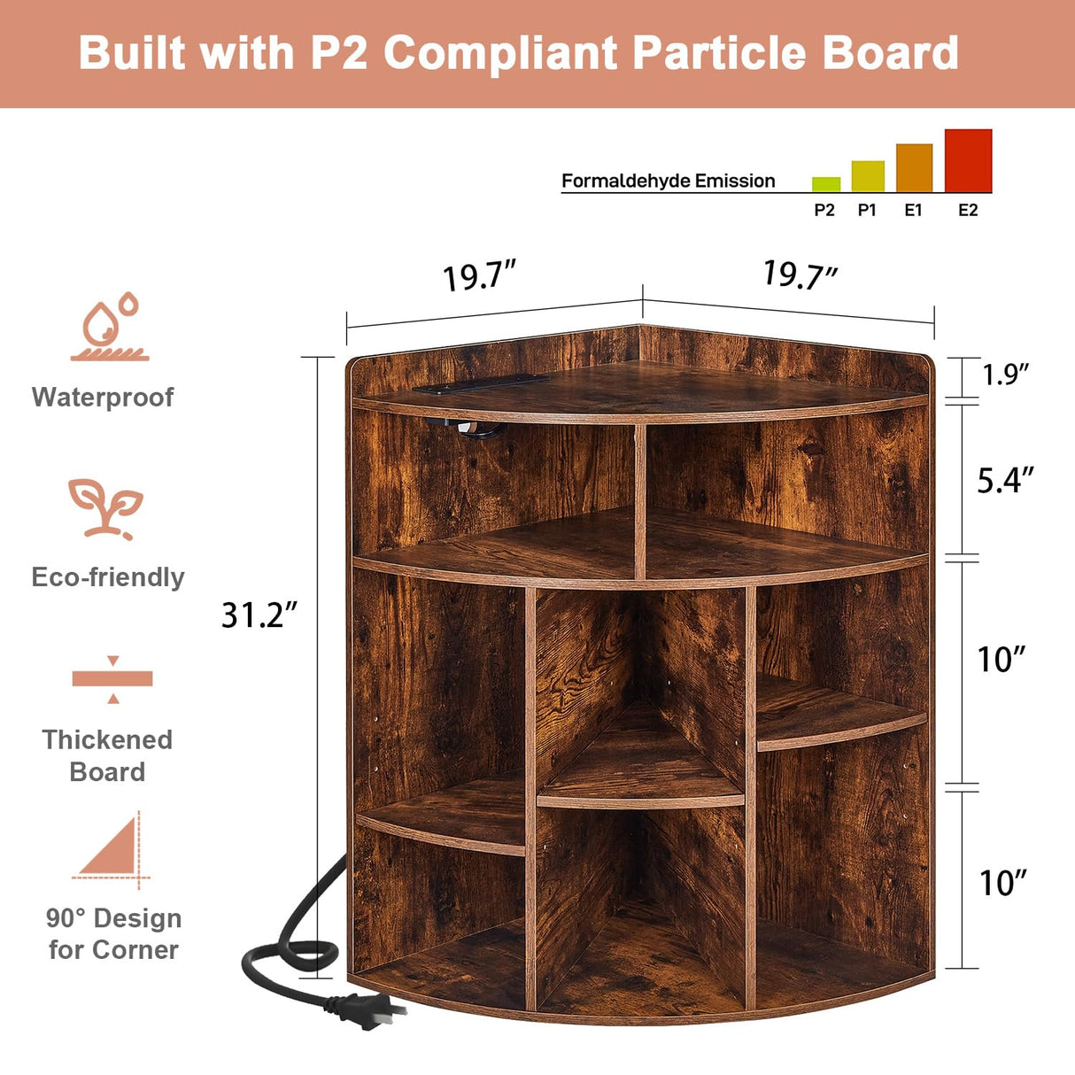 VECELO Corner Cube Shelf with USB Ports & Outlets, Modern Corner Toy Storage Rack with Adjustable Shlef, Wooden Display Bookshelf Bookcase for Living Room, Bedroom, Dining Room, Kitchen, Brown VECELO