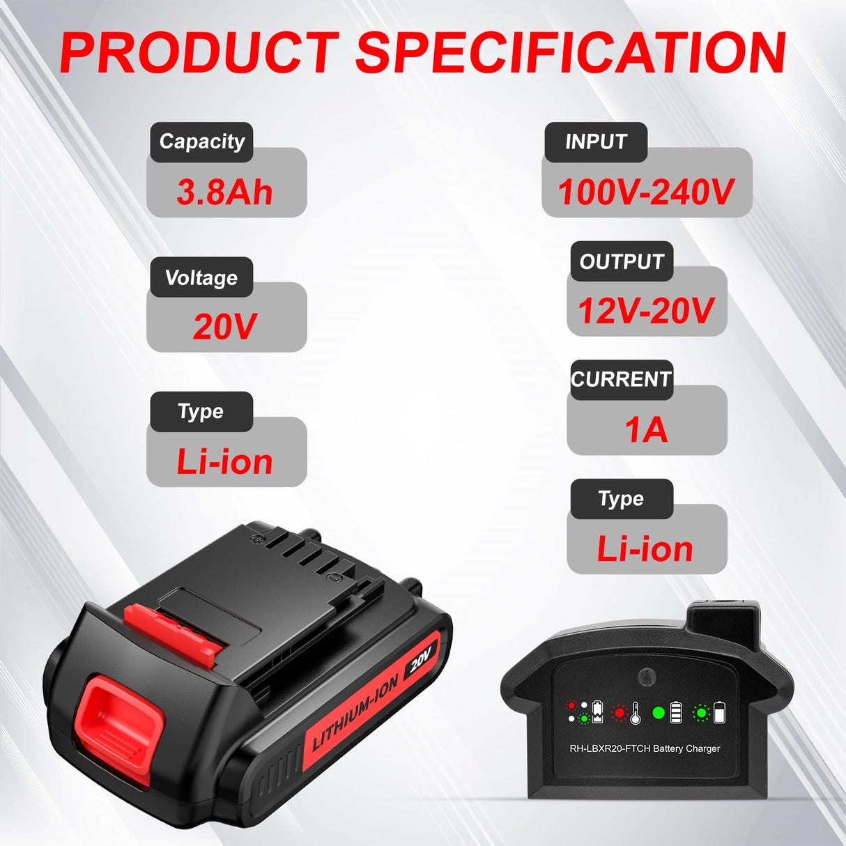 POWTREE LBXR20 20V 3.8Ah Replacement for Black and Decker 20V Max Lithium Battery LB20 LBX20 LBXR2020-OPE LBX4020 Cordless Tools Battery with 20V Black and Decker Battery Charger POWTREE