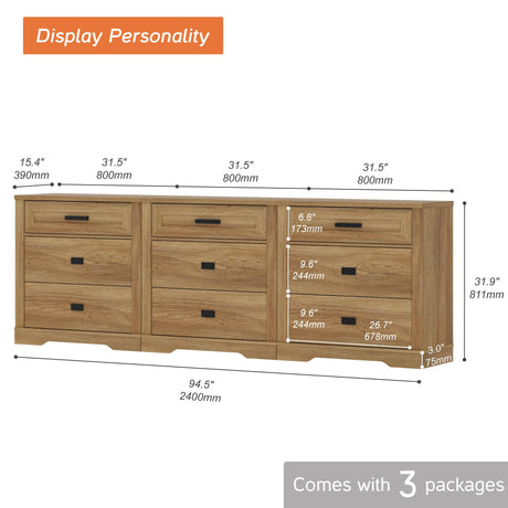 WAMPAT 3-in-1 Rustic Dresser Combo, Large Storage Chest of Drawers, 94.5" Wide Farmhouse Media Console, Vintage Oak WAMPAT
