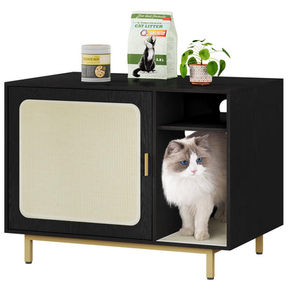 Hzuaneri Cat Litter Box Enclosure, Hidden Cat Litter Furniture with 2 Removable Scratching Mat, Indoor Cat House with Storage Shelf, Side End Table, 31.5 x 19.7 x 24 inches, Black and Gold CB - WoodArtSupply