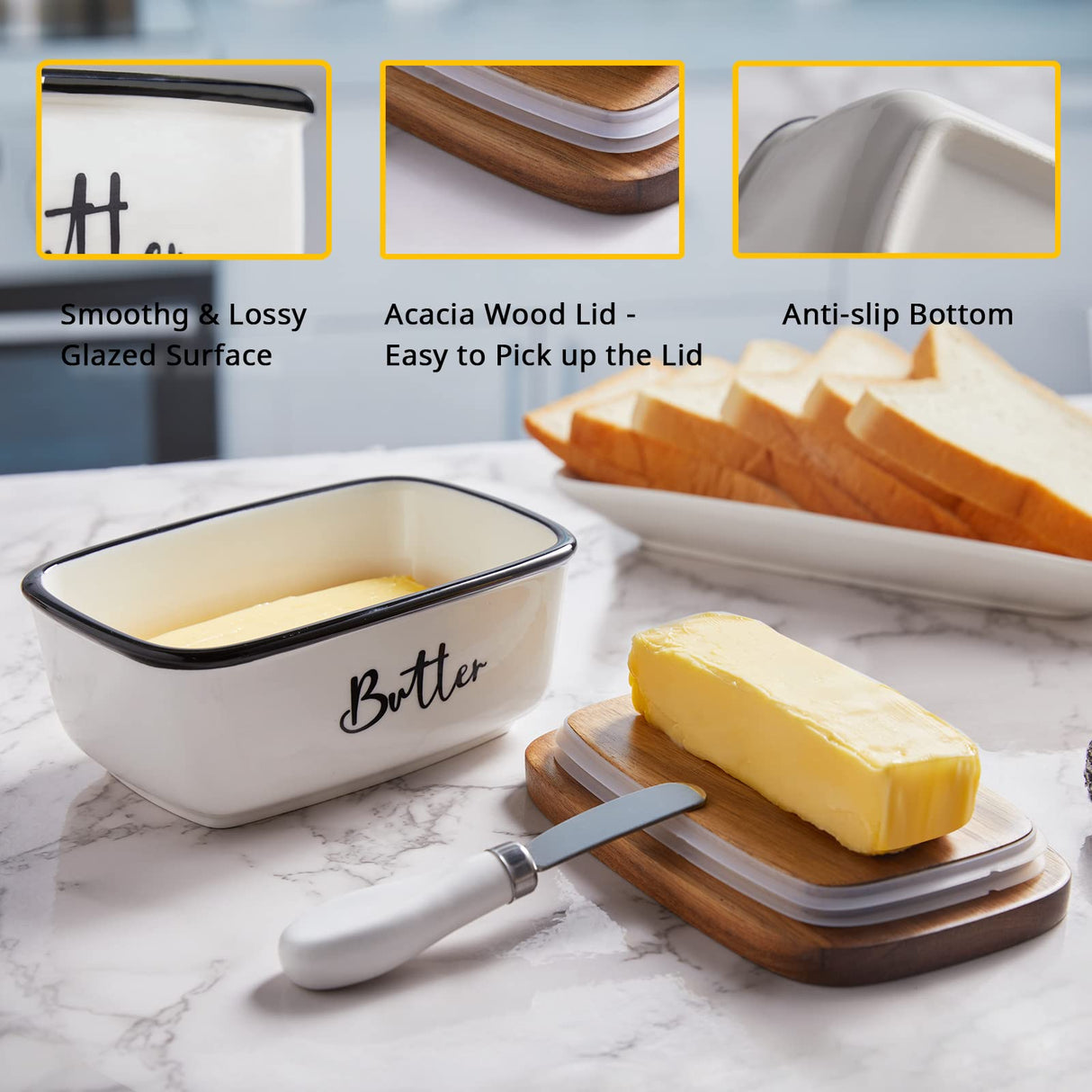 Butter Dish with Lid and Knife for Countertop, Airtight Butter Keeper for Counter or Fridge, Ceramic Butter Container with Thick Acacia Wood Lid, for Farmhouse Kitchen Decor and Accessories, White ALELION