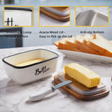 Butter Dish with Lid and Knife for Countertop, Airtight Butter Keeper for Counter or Fridge, Ceramic Butter Container with Thick Acacia Wood Lid, for Farmhouse Kitchen Decor and Accessories, White ALELION