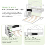 Merax Twin Over Full House Bunk Bed with Storage Staircase & Blackboard, Wood Kids Bunk Bed with Roof and Safety Guardrails, Playhouse Bunk Beds for Kids, Teens, Adults, No Box Spring Required, White Merax
