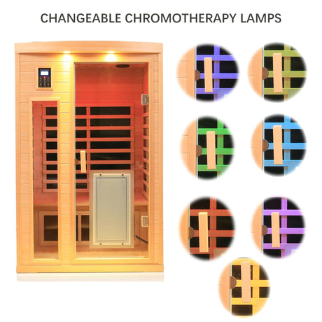 Xmatch Far Infrared Wooden Sauna, 2-Person Size, with1750W, 8 Low EMF Heaters, 2 Bluetooth Speakers, 2 LED Reading Lamps and 3 Chromotherapy Lamps, 10 Minutes Pre-Warm up Xmatch
