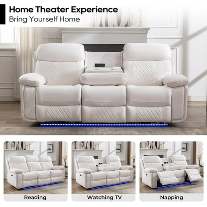 Power Reclining Sofa Couch with Wireless Charger, 3 Seaters with Recliner, Faux Leather Electric 3 Seat Sofa Sectional Set with LED light for living room,Home Theater Seating With Drop-Off Table,White