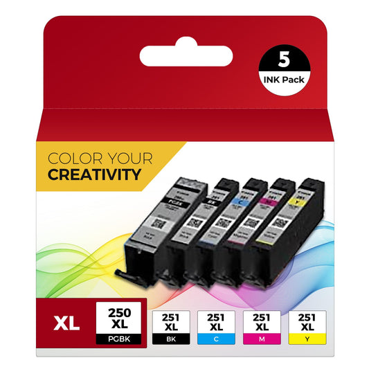 PGI-250XL CLI-251XL 5 Color Value Pack, Compatible for Canon 250 251 Ink Cartridges to use with PIXMA MX922, MG5420, MG5520, MG5522, MG6320, MG6620, iP7220 (PGBK, Black, Cyan, Magenta, Yellow)