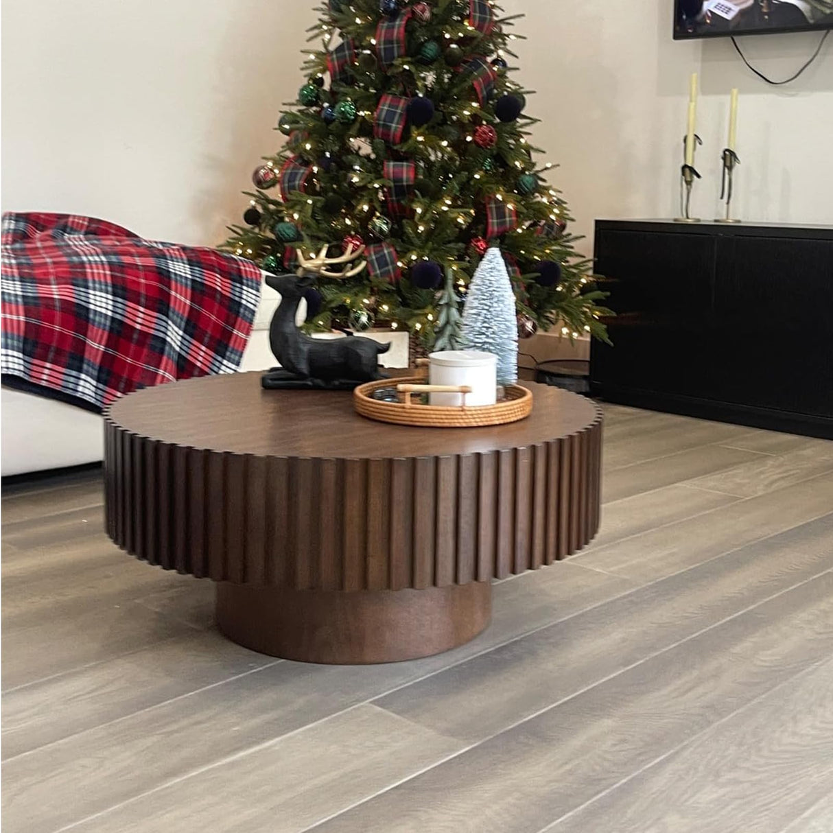 31.49" Walnut Coffee Table Round Wood, Modern Unique Fluted Coffee Table, Contemporary Drum Circle Coffee Table Accent Tea Table Center Table for Living Room, Small Space, Apartment SLEERWAY