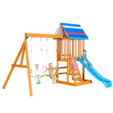 Merax Wooden Playground Sets for Backyards, 3 in 1 Swing and Slide and Climber Set Outdoor Playset for Garden Backyard, Blue Merax