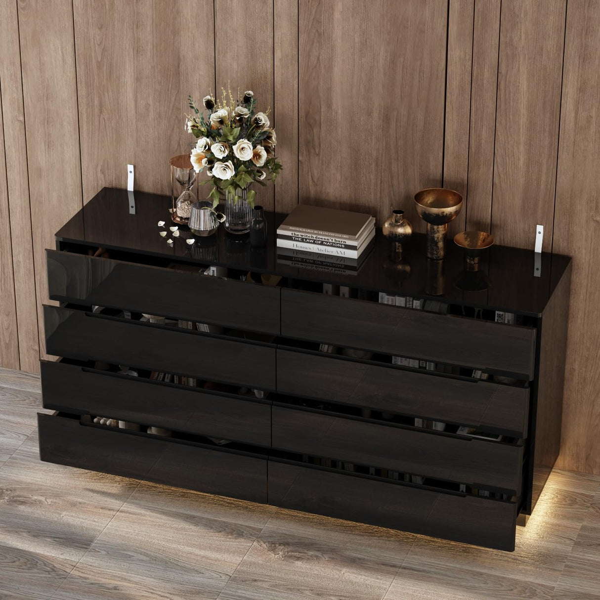 ROMSHINE Black Drawer Dresser with LED Light, Modern High Gloss Dresser with 8 Drawers, 63" Long Dresser Double Dresser Storage Chest of Drawer for Bedroom, Living Room, Entryway ROMSHINE