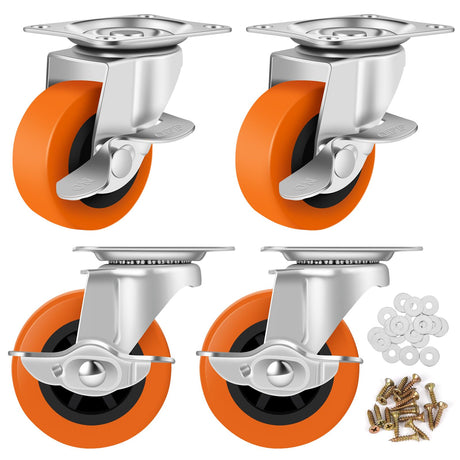 BOSGEOT Caster Wheels, 3 Inch Casters Set of 4, Heavy Duty Casters with Brake, Locking Casters with Polyurethane Wheels，Plate Swivel Casters Wheels for Furniture Carts,Workbench Casters BOSGEOT