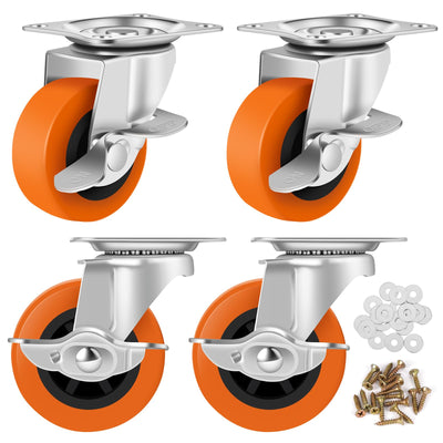 BOSGEOT Caster Wheels, 3 Inch Casters Set of 4, Heavy Duty Casters with Brake, Locking Casters with Polyurethane Wheels，Plate Swivel Casters Wheels for Furniture Carts,Workbench Casters